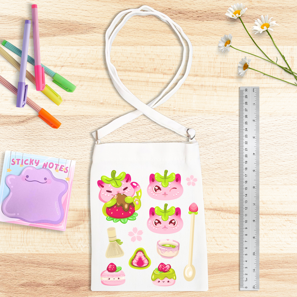 Matcha Kitty Canvas Satchel with Snap Button - WHITE