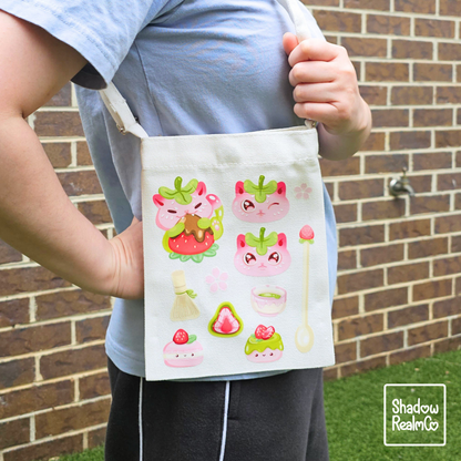 Matcha Kitty Canvas Satchel with Snap Button - WHITE